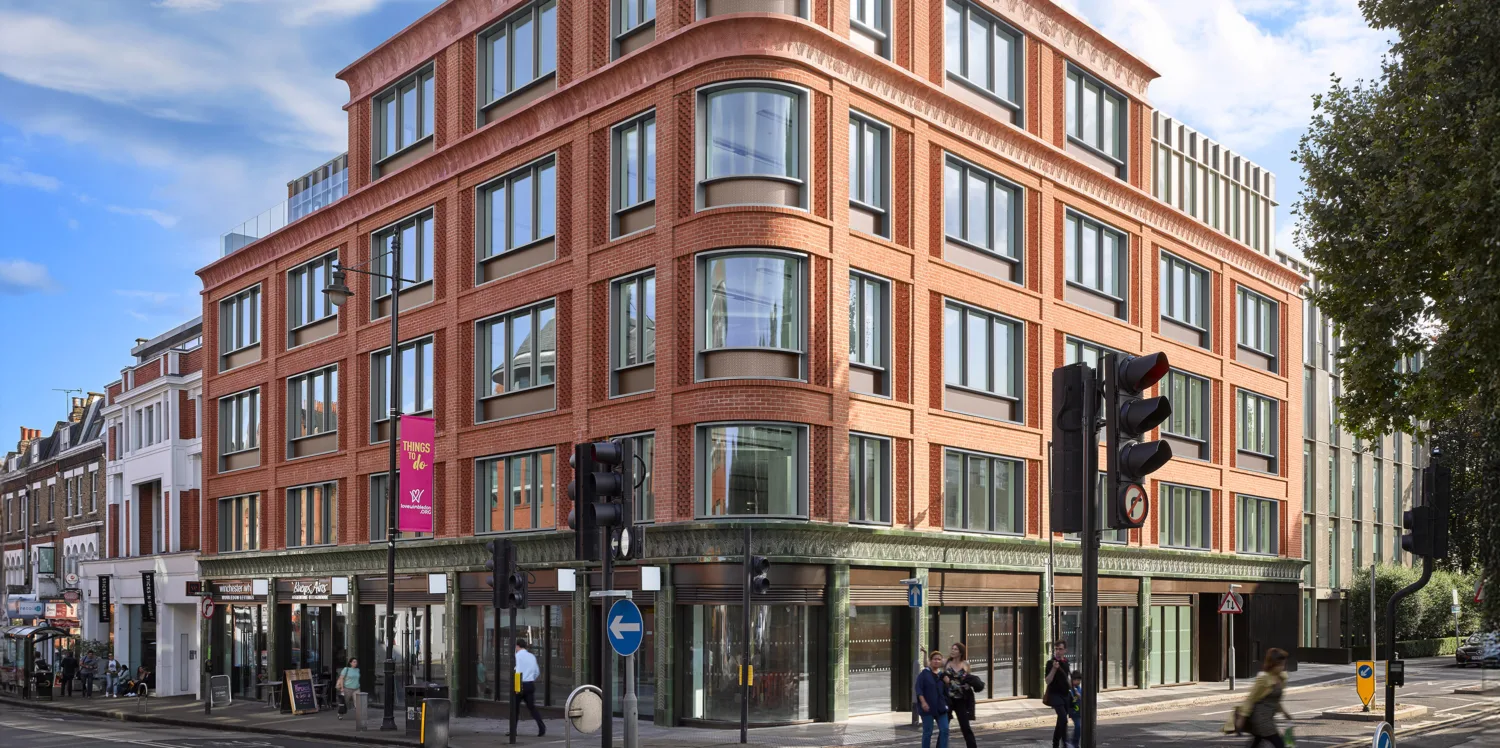 Street view perspective of Wellington House, with focus on the corner of the building