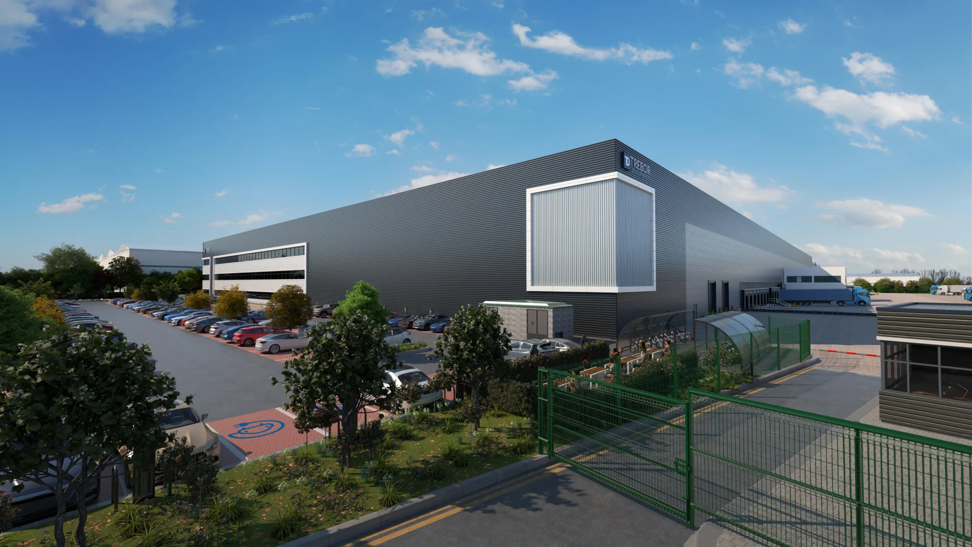 Perspective CGI of building showing tress and carpark against a blue sky