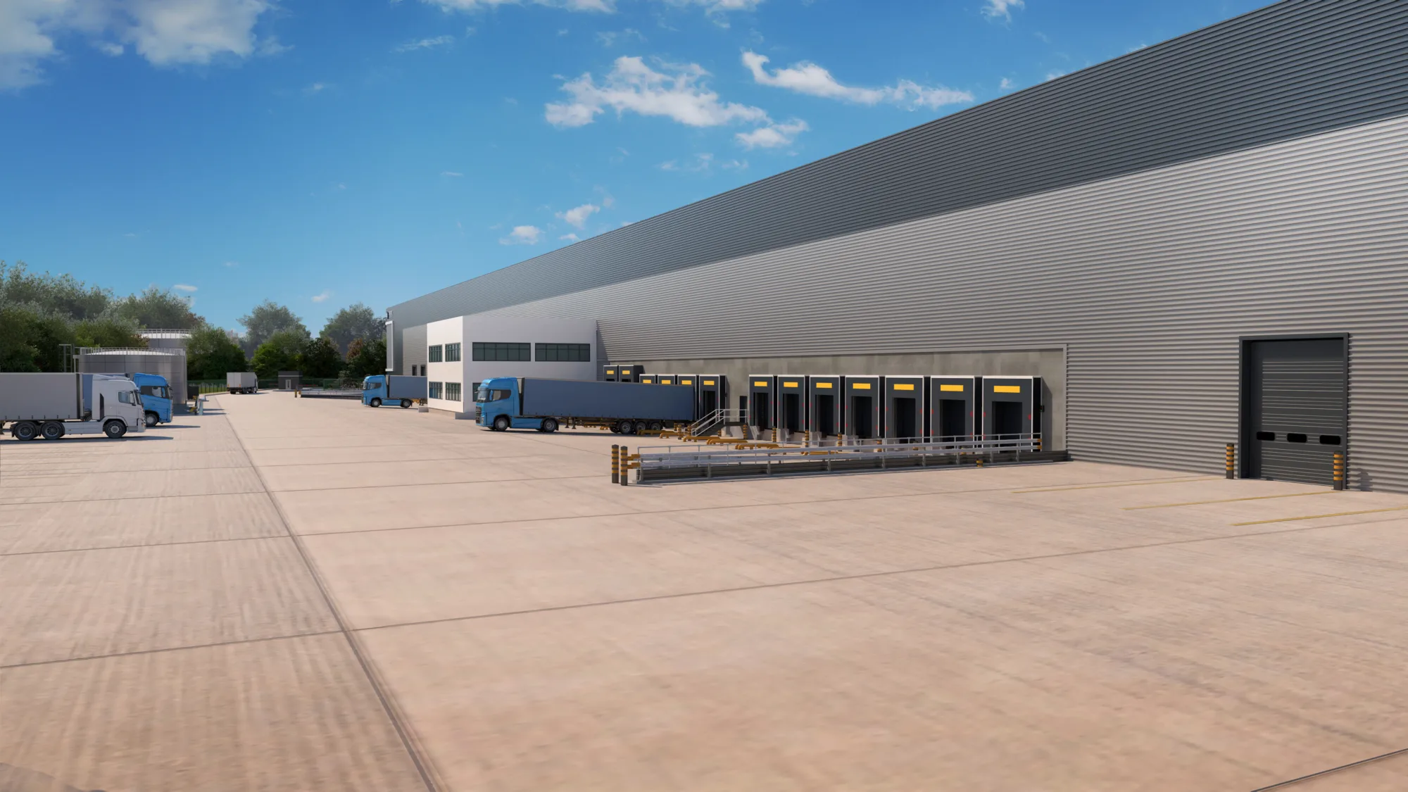 CGI of logistics side of shed showing lorries against a blue sky