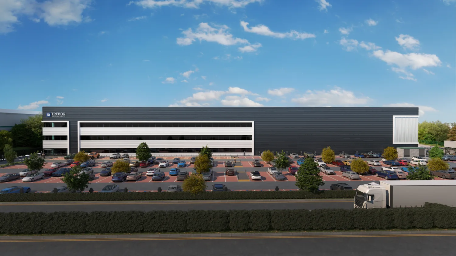 CGI view of front facade and car park