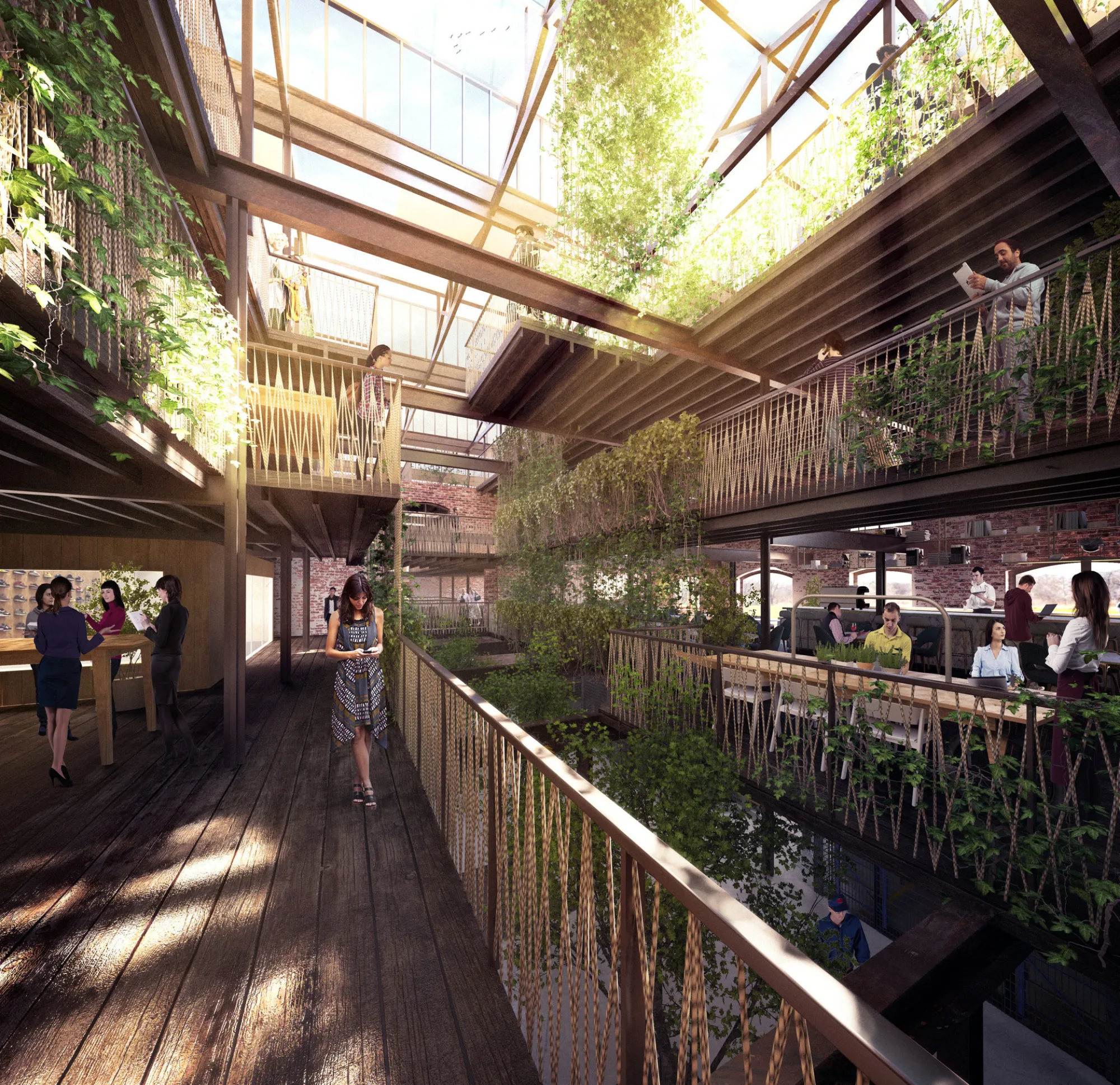 CGI: Upstairs bar and walkways filled with greenery.