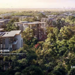 Guidebook with CGI of Ghaf Woods, Dubai on the cover