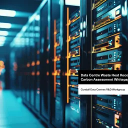 Data centre racks in detail and blurred with text on for cover design