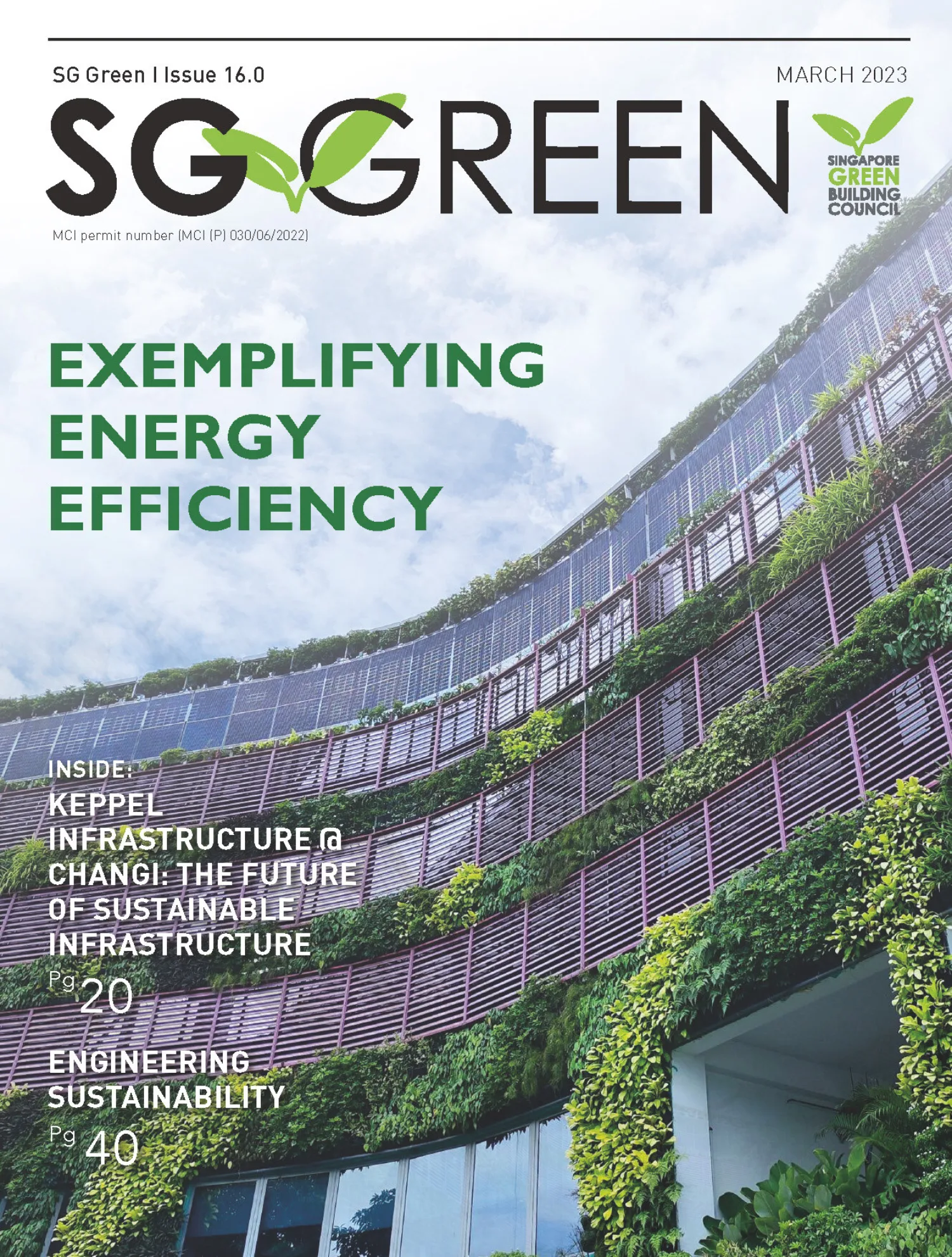 SG Green magazine cover with a building tiered with green plants