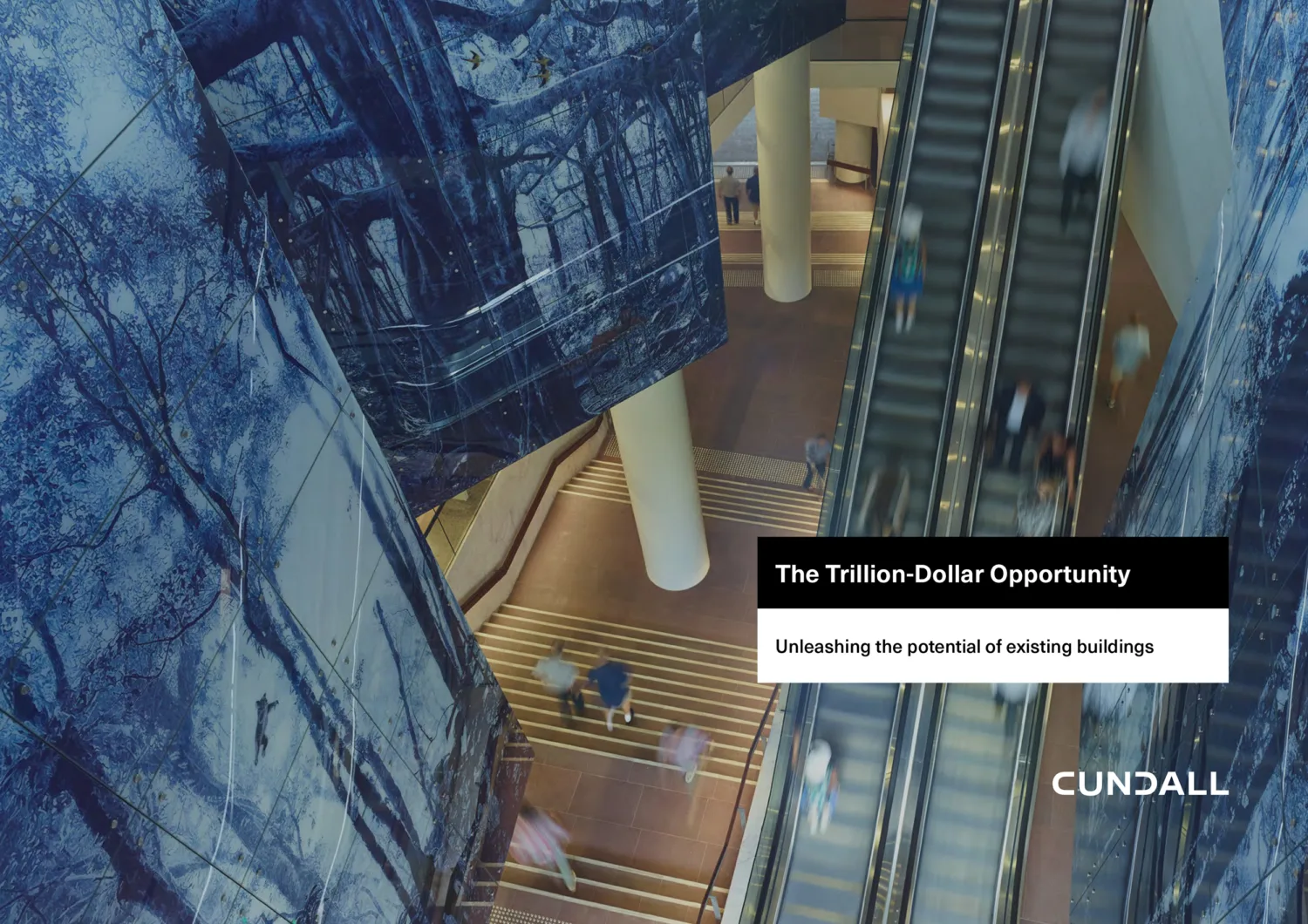 480 Queen Street office interior looking down on escalators with people