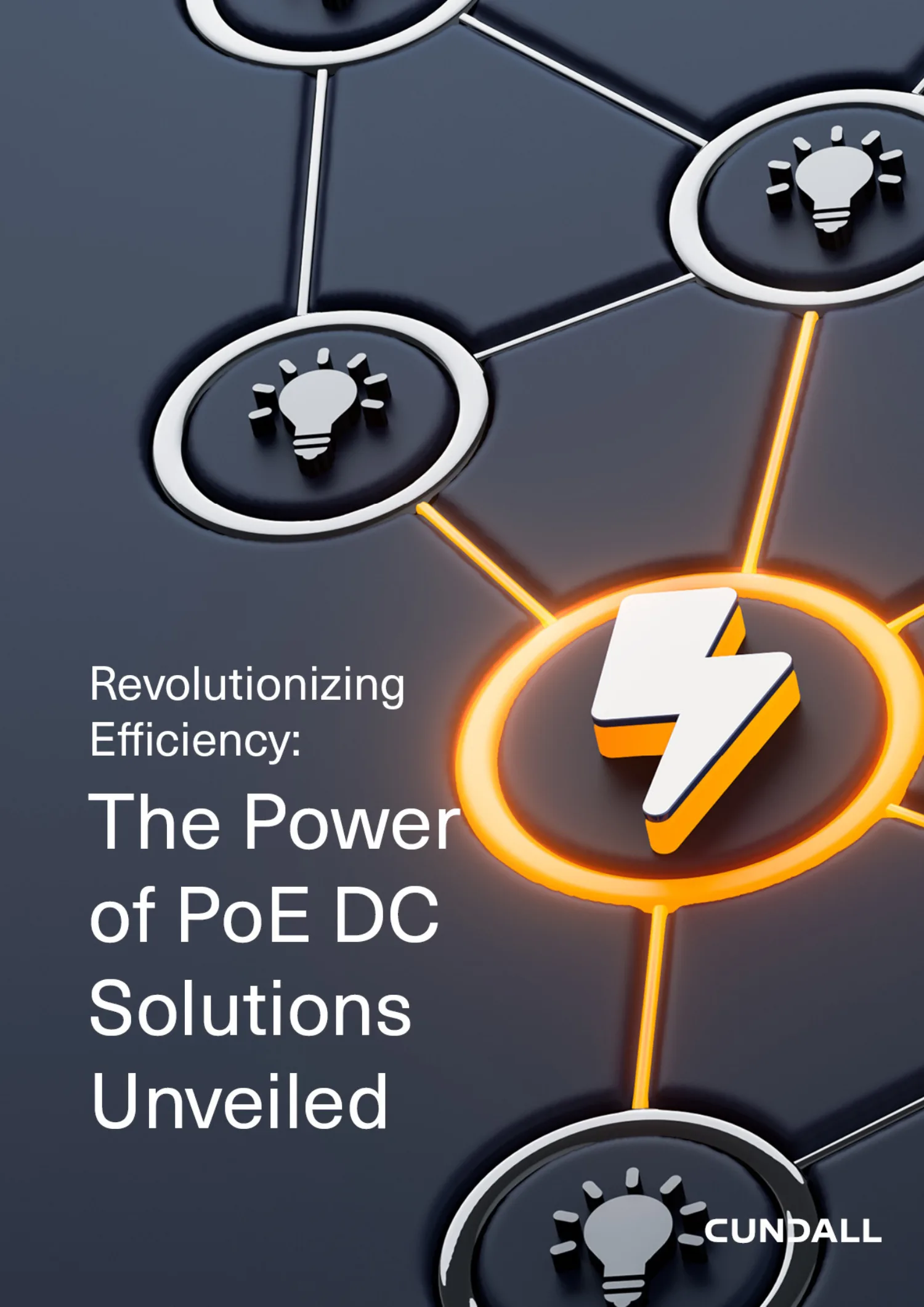 Revolutionizing Efficiency The Power of Po E DC Solutions Unveiled cover with lightning bolt and light bulb icons on a grey background