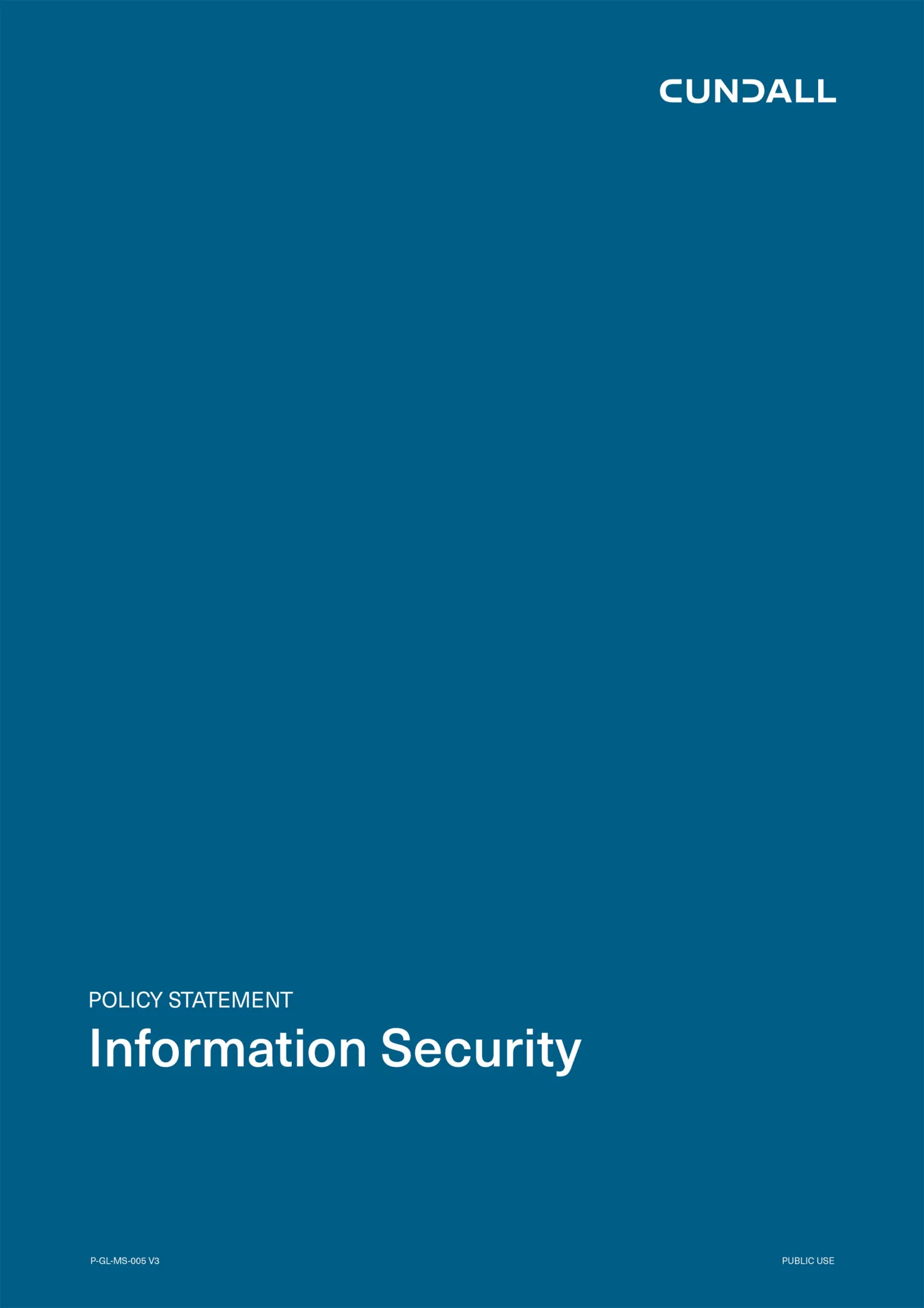 Cover page of the Cundall Information Security Policy Statement with white text and logo on a blue background.