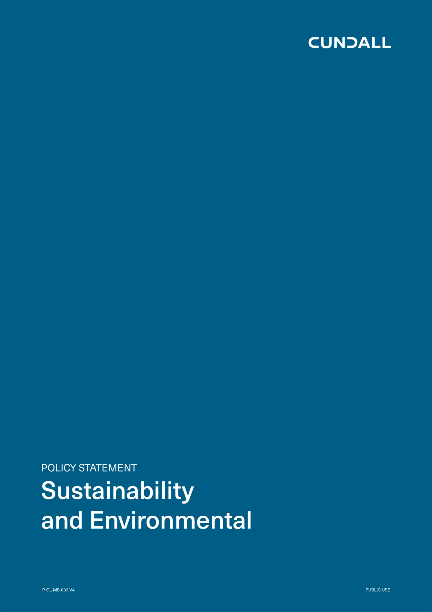 Cover page of the Cundall Sustainability and Environmental Policy Statement with white text and logo on a blue background.