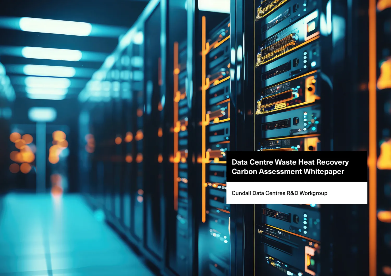 Data centre racks in detail and blurred with text on for cover design