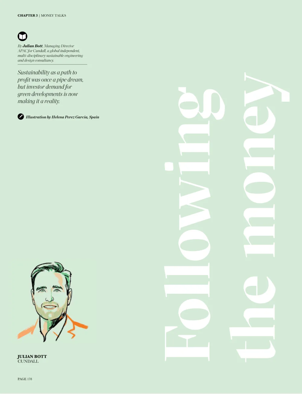 Pale green background with 'Following the money' in vertical text on right and a cartoon image of Julian Bott in the bottom left hand corner