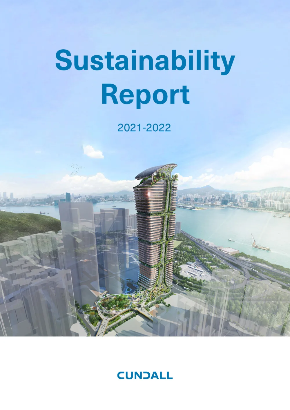 Front cover of the sustainability report showing a render of a highrise tower covered in greenery