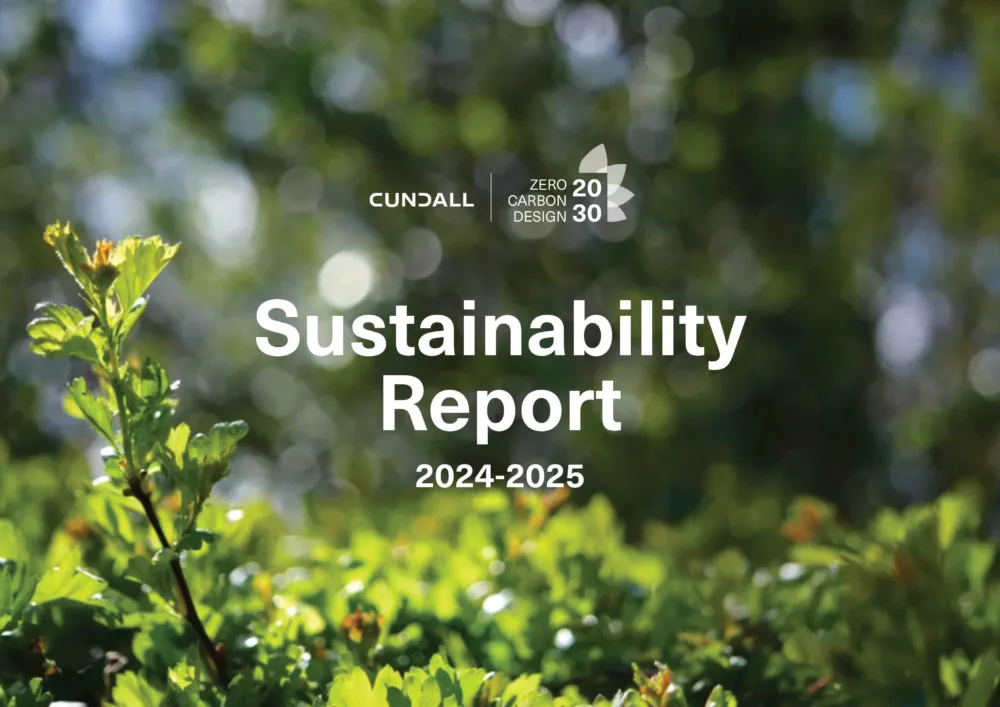 Close up of a green leafy bush, with the Cundall and ZCD2030 logo and Sustainability Report 2024-2025.
