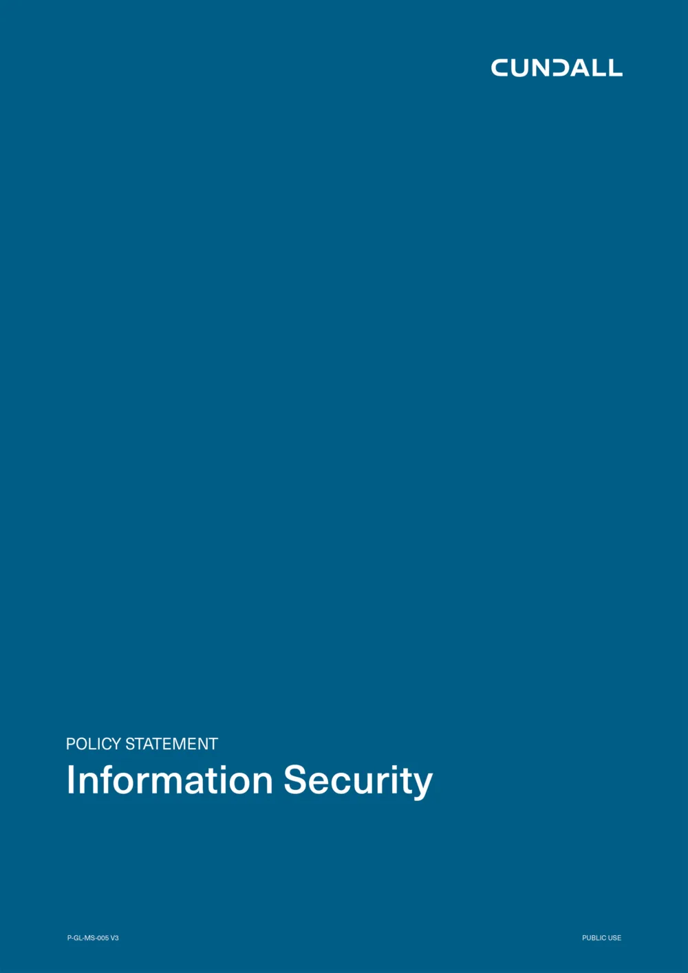 Cover page of the Cundall Information Security Policy Statement with white text and logo on a blue background.