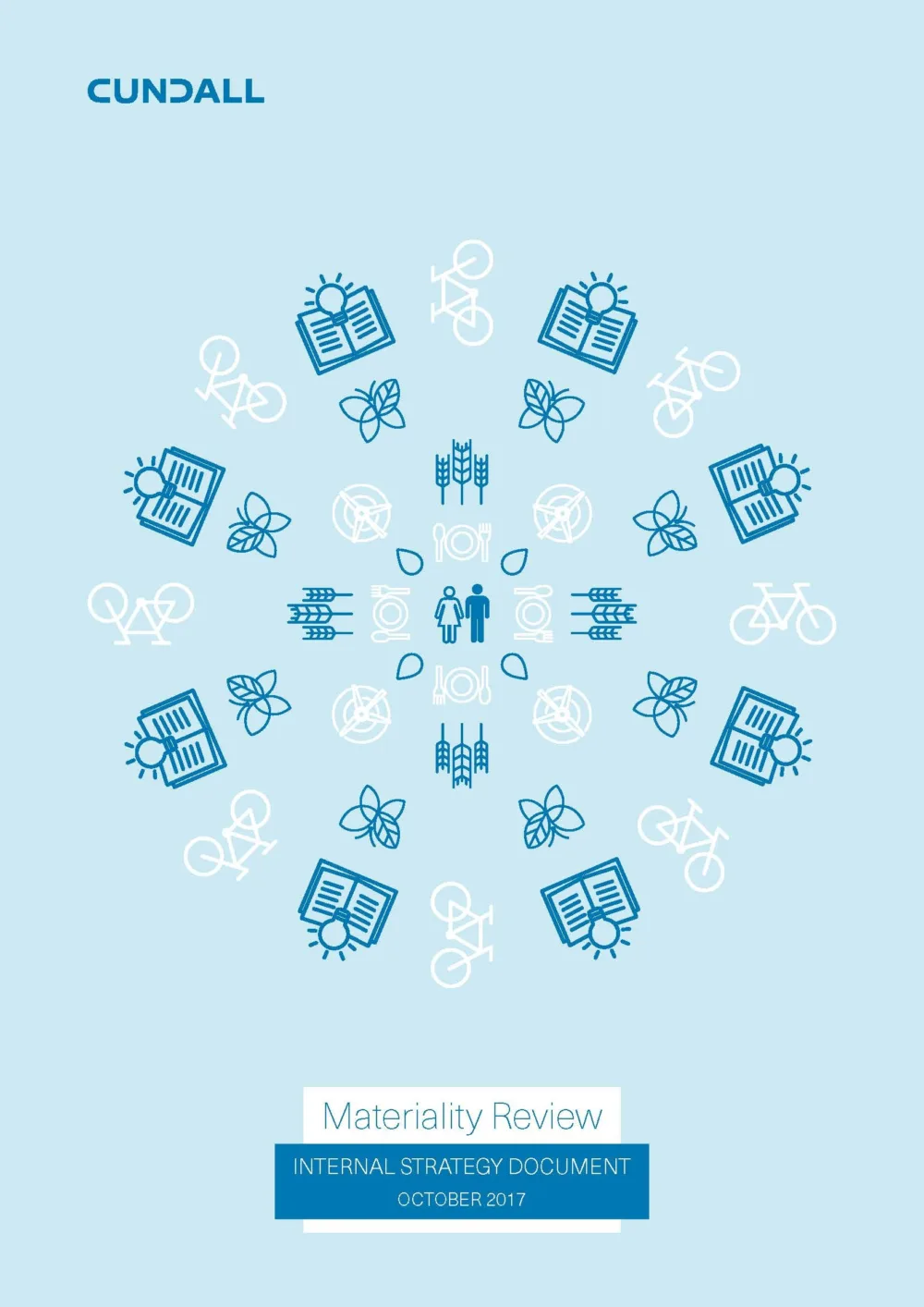 Pale blue cover of the Materiality Review document with blue and white icons in a circular pattern