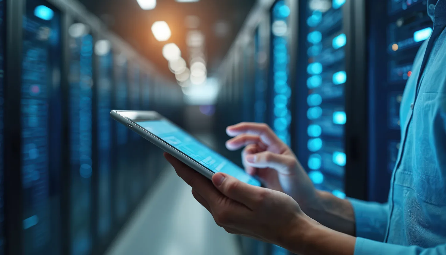 A person in a blue shirt holds and interacts with a tablet in a server room. Background includes rows of server racks illuminated with blue lights.