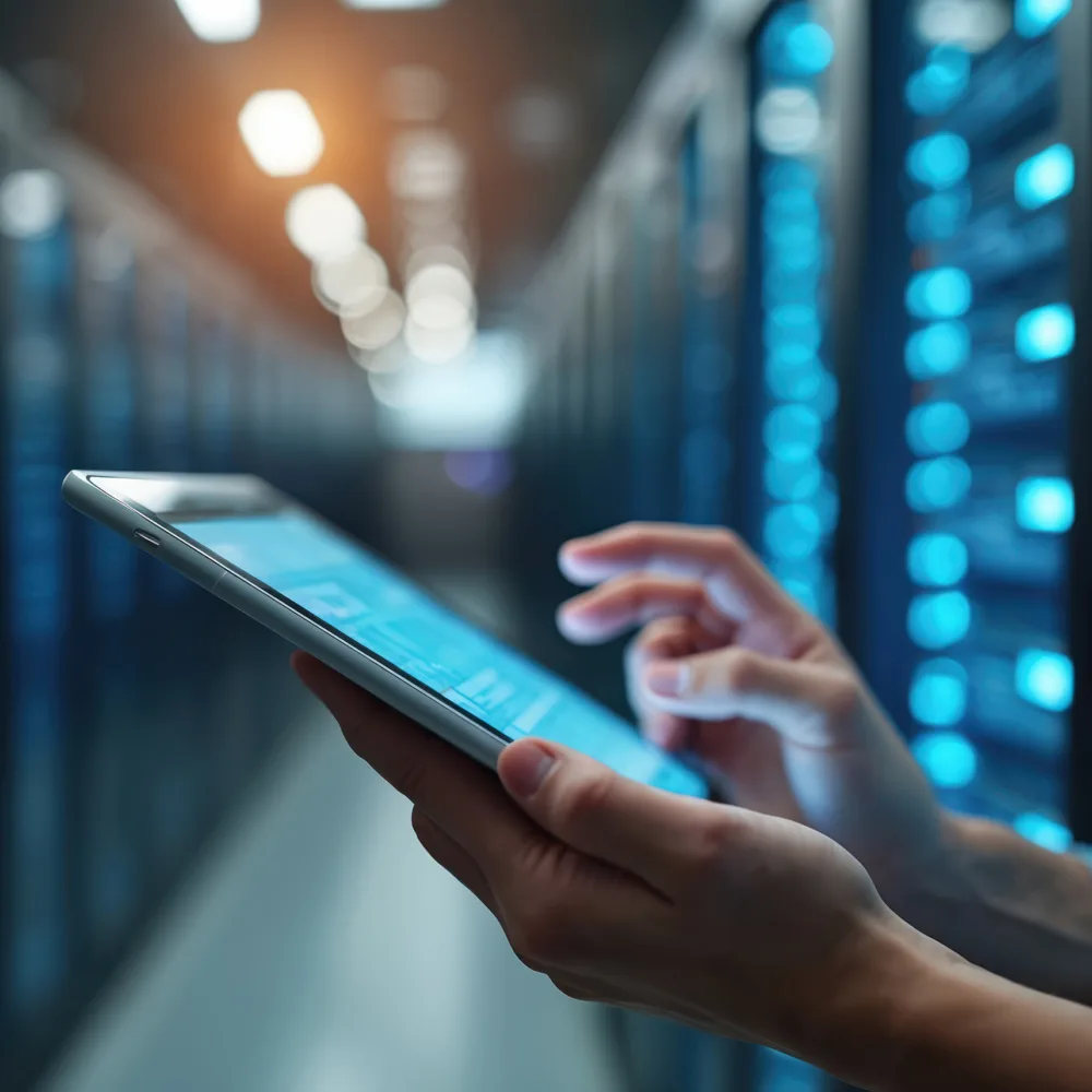 A person in a blue shirt holds and interacts with a tablet in a server room. Background includes rows of server racks illuminated with blue lights.