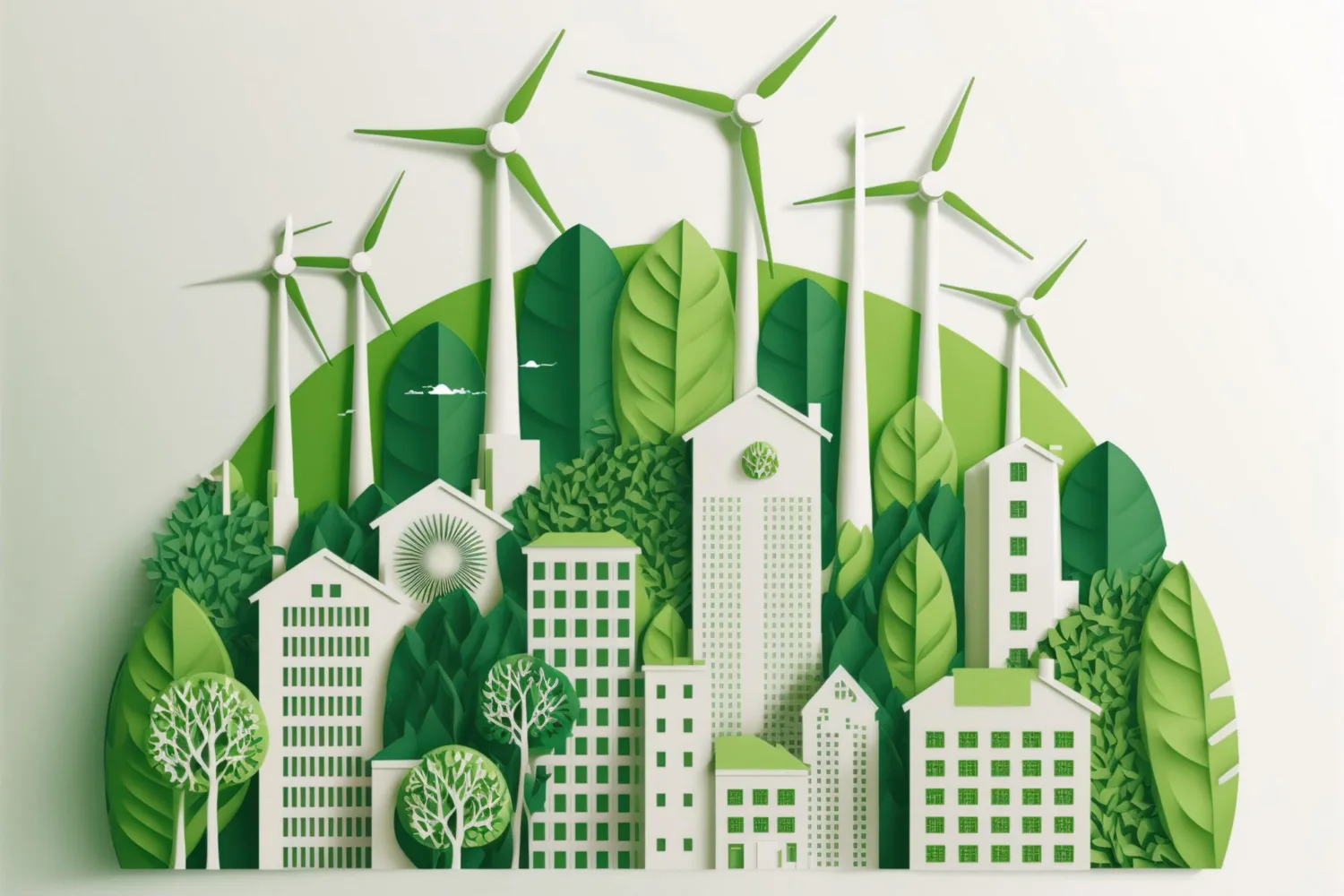Green layered illustration of buildings, leaves and wind turbines