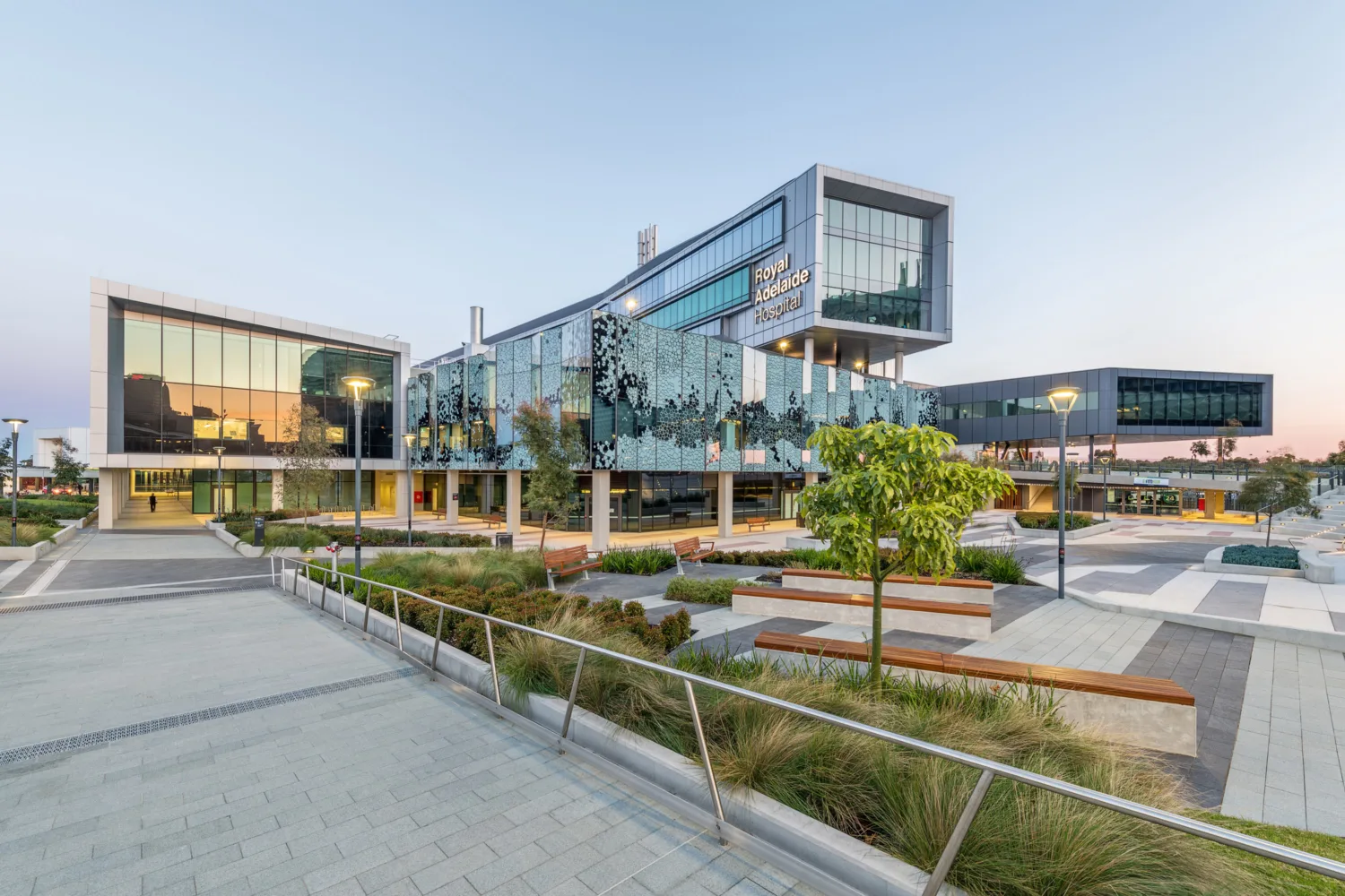 New Royal Adelaide Hospital exterior at dusk with tree and seating landscaping