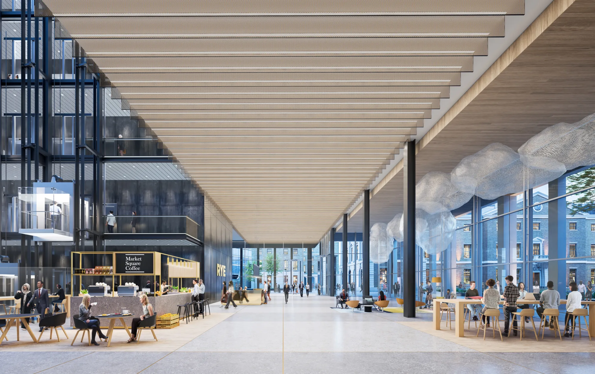 Foyer interior with cafe and meetings spaces full of people at the Royal Mint Court, London