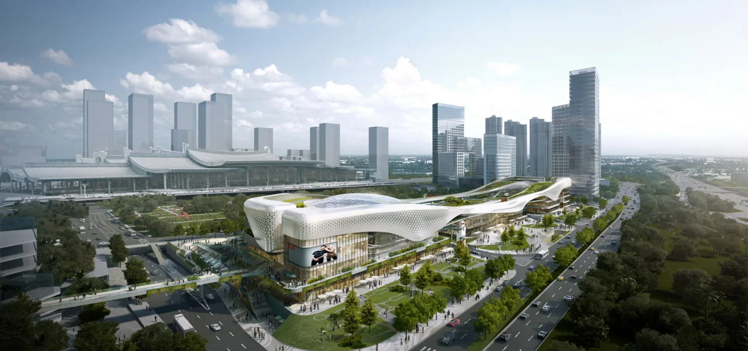 Xiamen Vanke Square lifestyle development from drone view with city in background and landscaping
