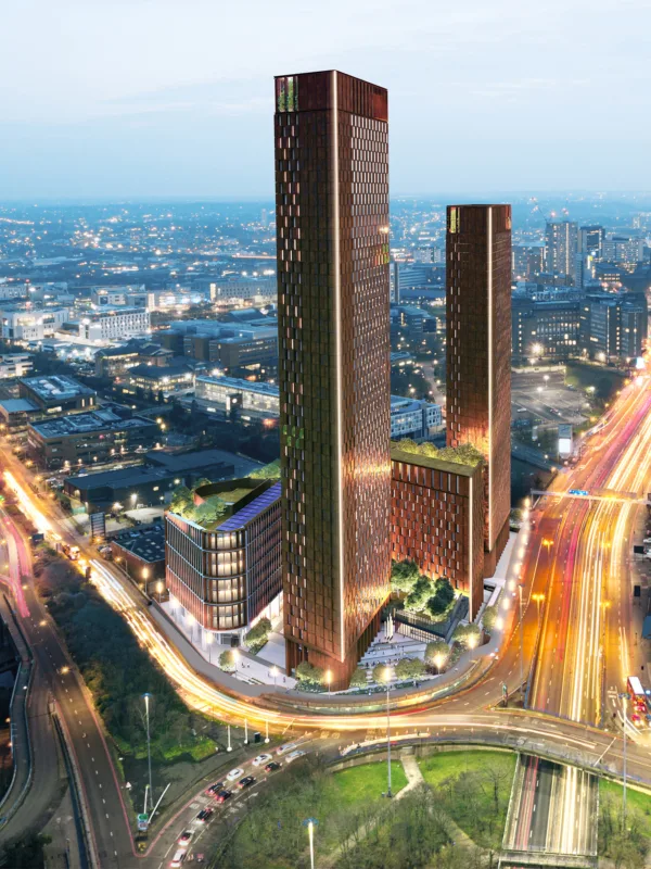 Curzon Wharf exterior drone evening image showing road infrastructure, landscaping and the scale of the building