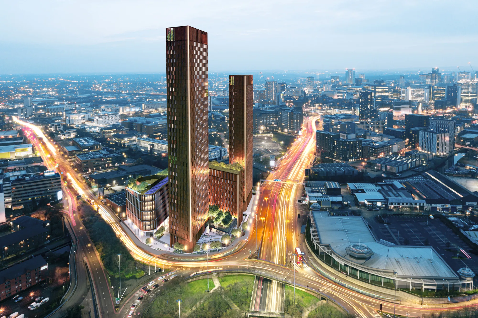 Curzon Wharf exterior drone evening image showing road infrastructure, landscaping and the scale of the building