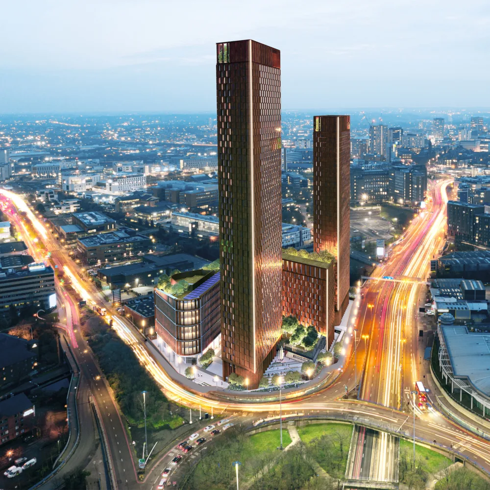 Curzon Wharf exterior drone evening image showing road infrastructure, landscaping and the scale of the building