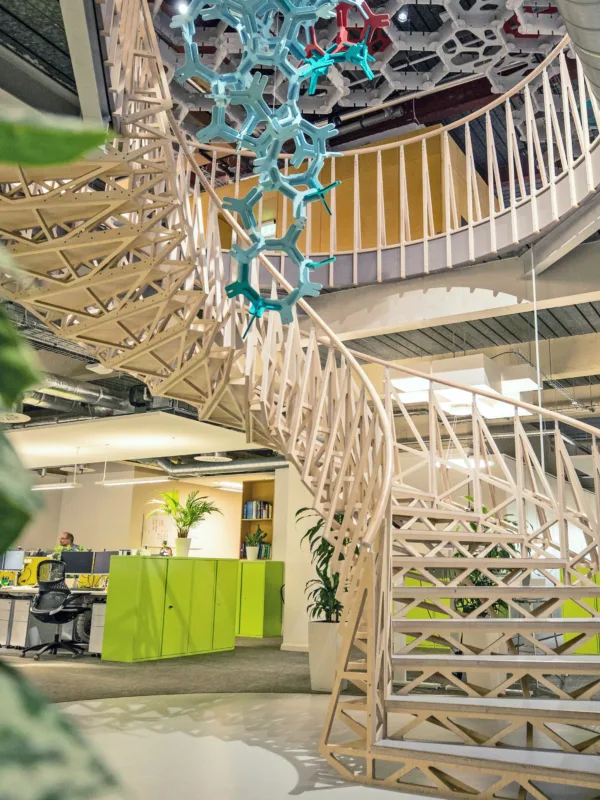 Cundall Birmingham stair case leading from the 5th to 4th floor with acoustic panel display