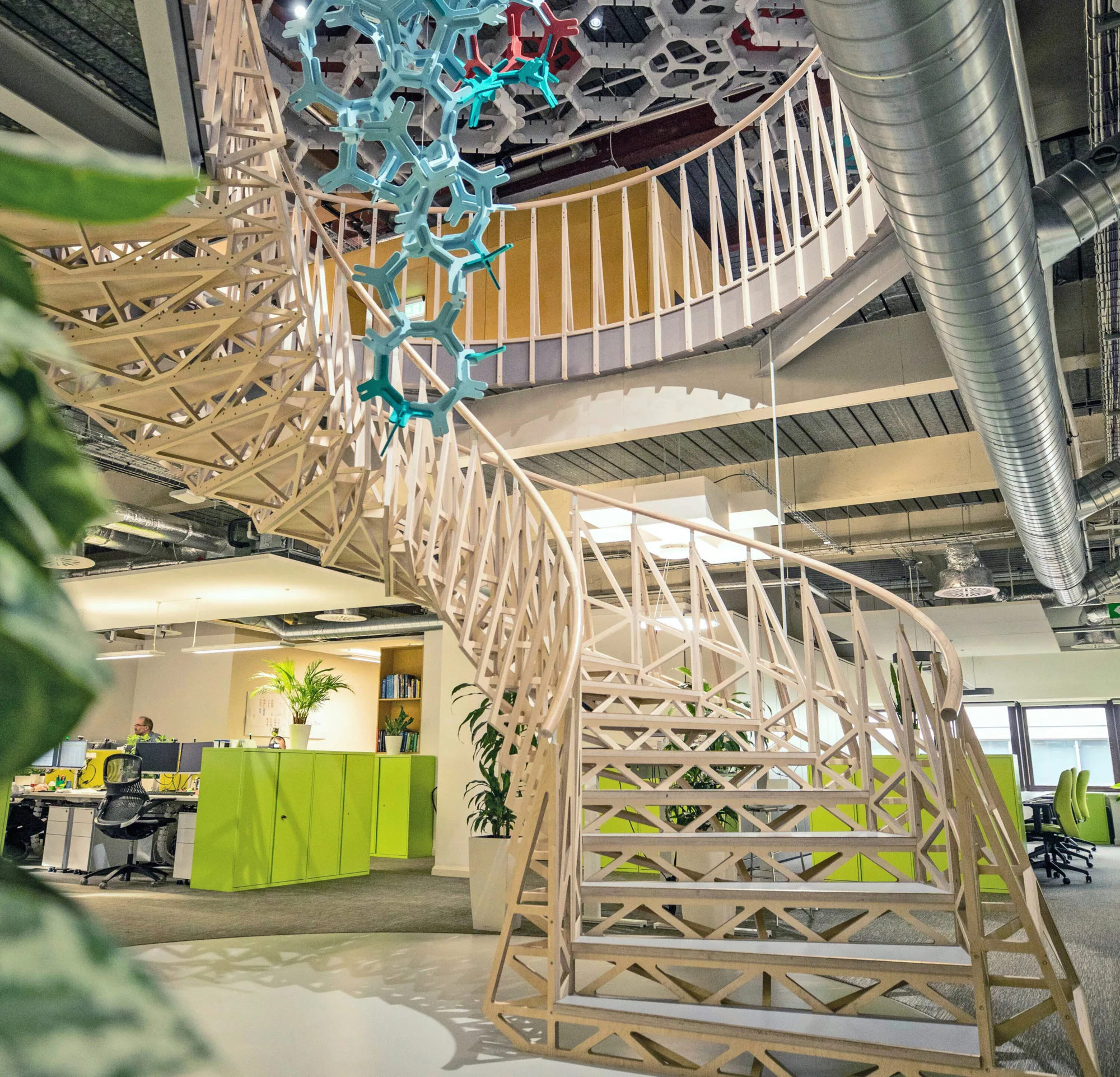 Cundall Birmingham stair case leading from the 5th to 4th floor with acoustic panel display