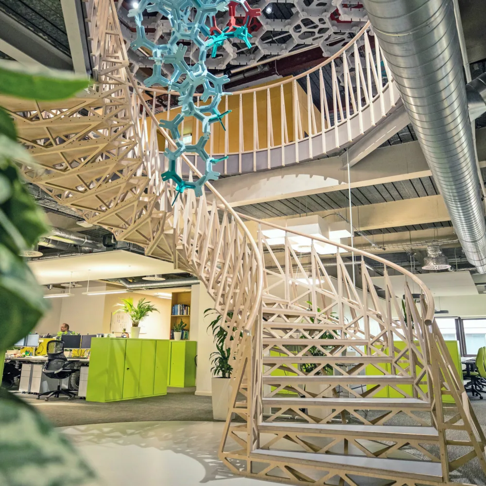 Cundall Birmingham stair case leading from the 5th to 4th floor with acoustic panel display