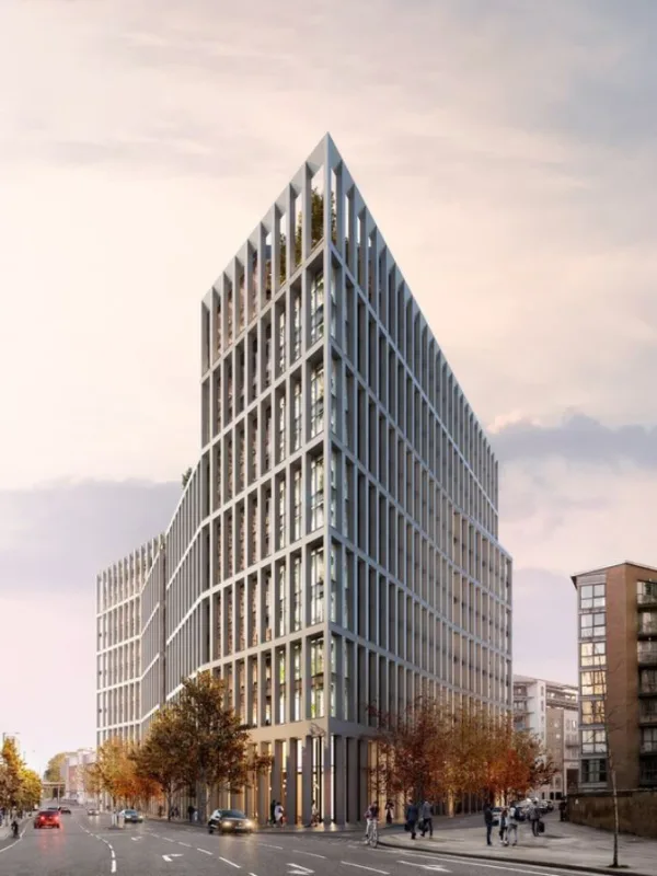 External view of One City Road façade from a corner angle