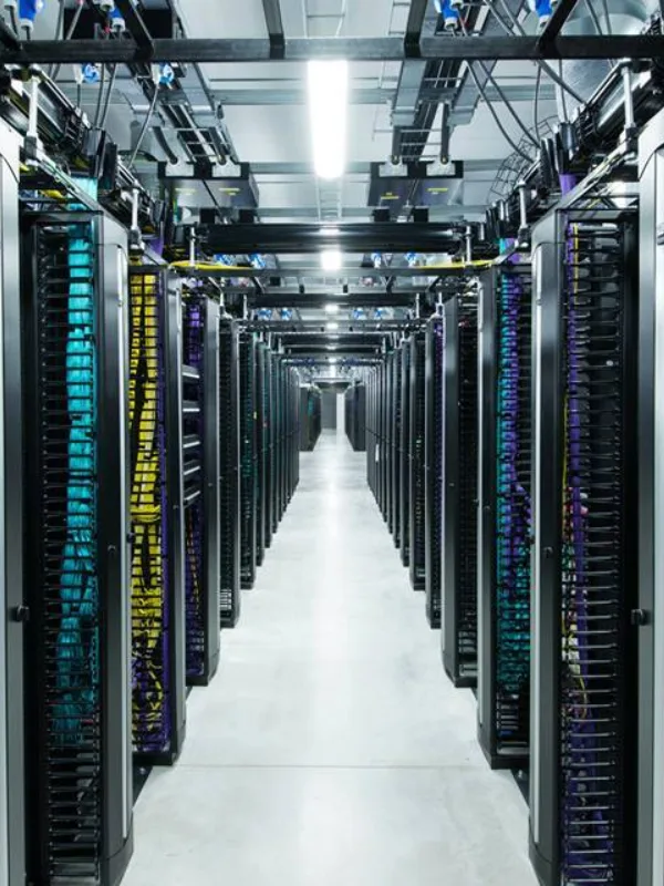 Look down the aisle of a server room