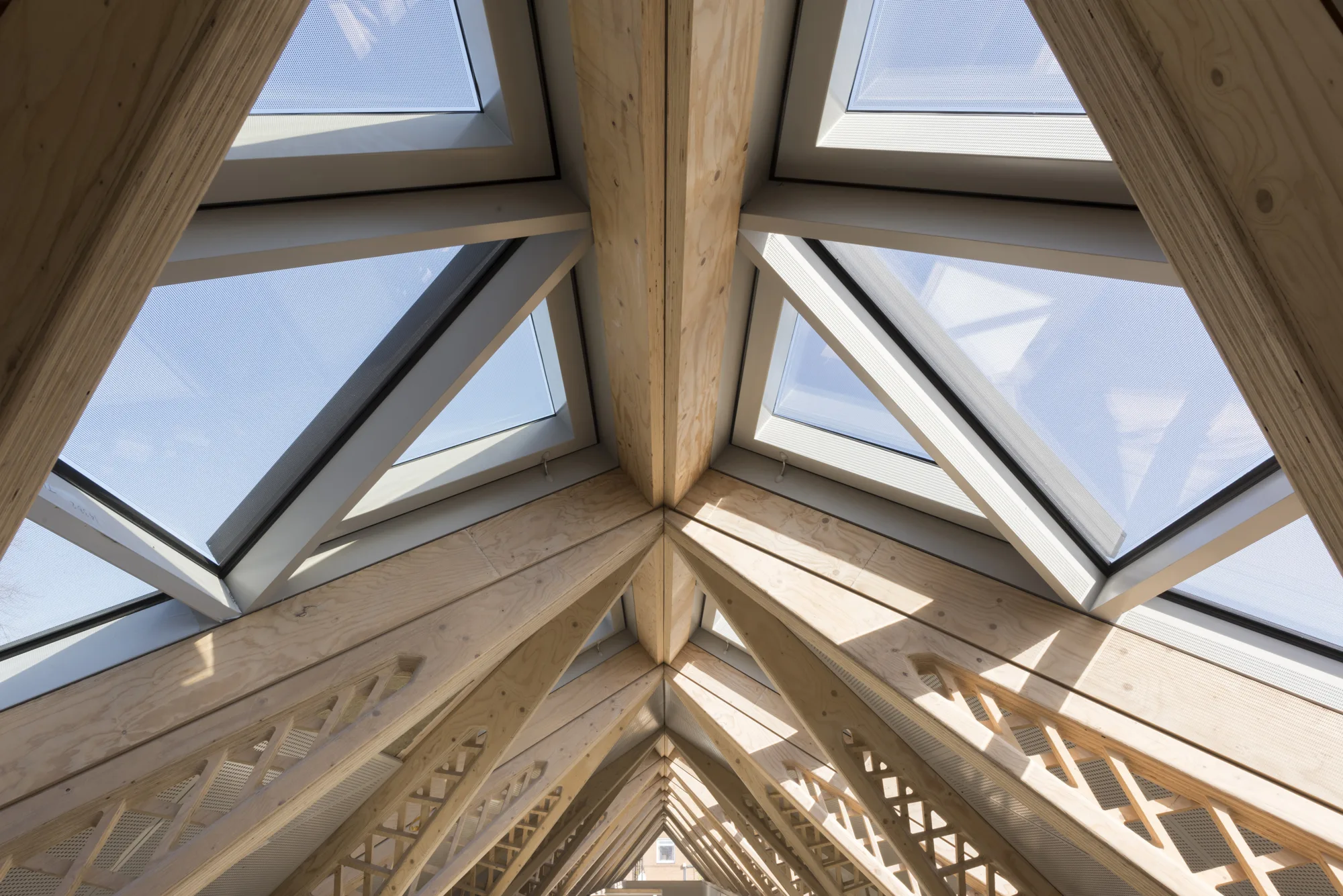 Upward view of a wooden ceiling structure with glazed panels and daylight shining through