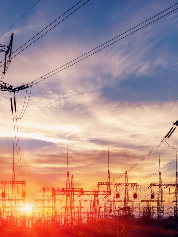 Pylons leading into an electricity plant with the sun setting behind