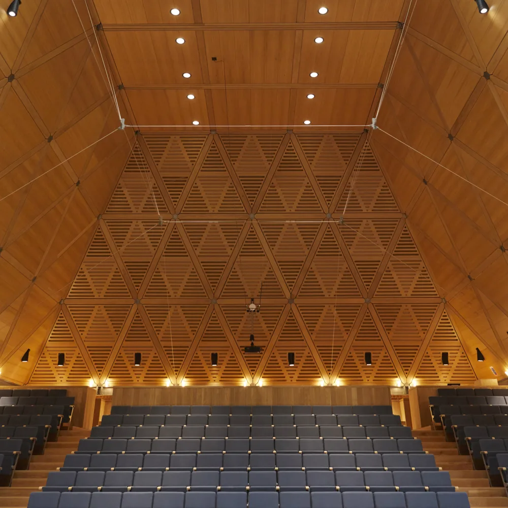 King’s College Music School Wimbledon theatre room with wooden structural panelling and blue seating lit up with warm lighting