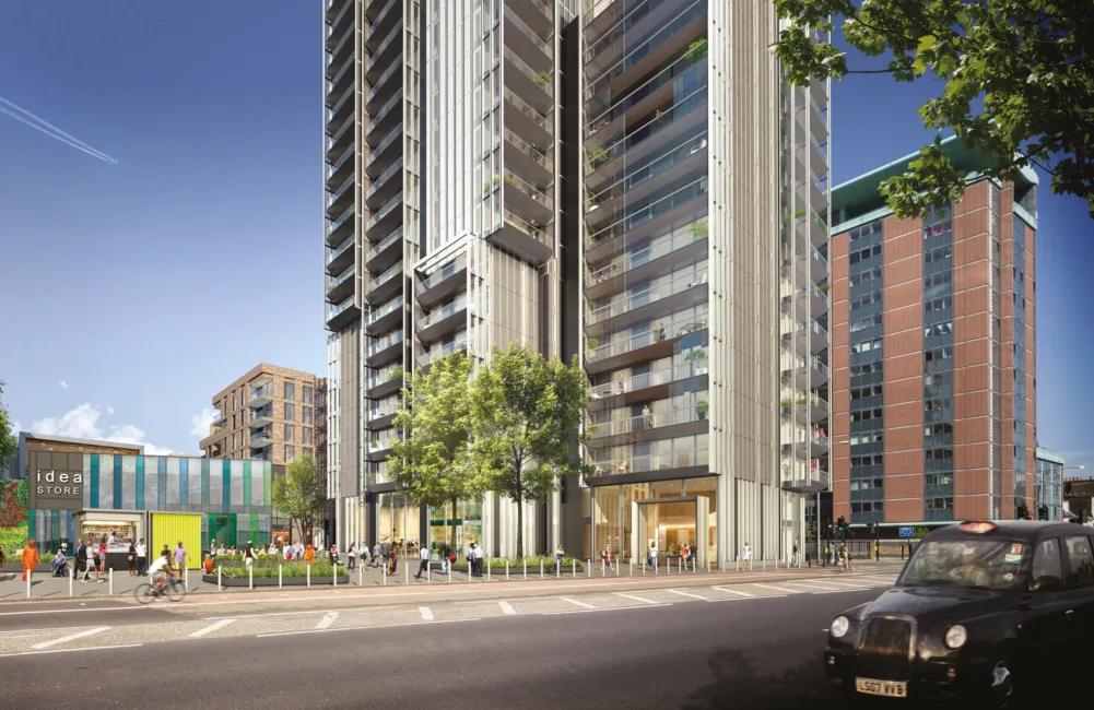Chrisp Street façade with street scape and external infrastructure
