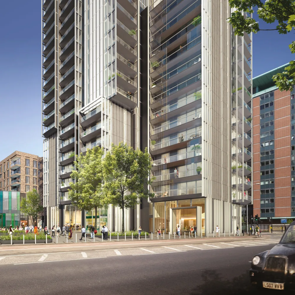 Chrisp Street façade with street scape and external infrastructure
