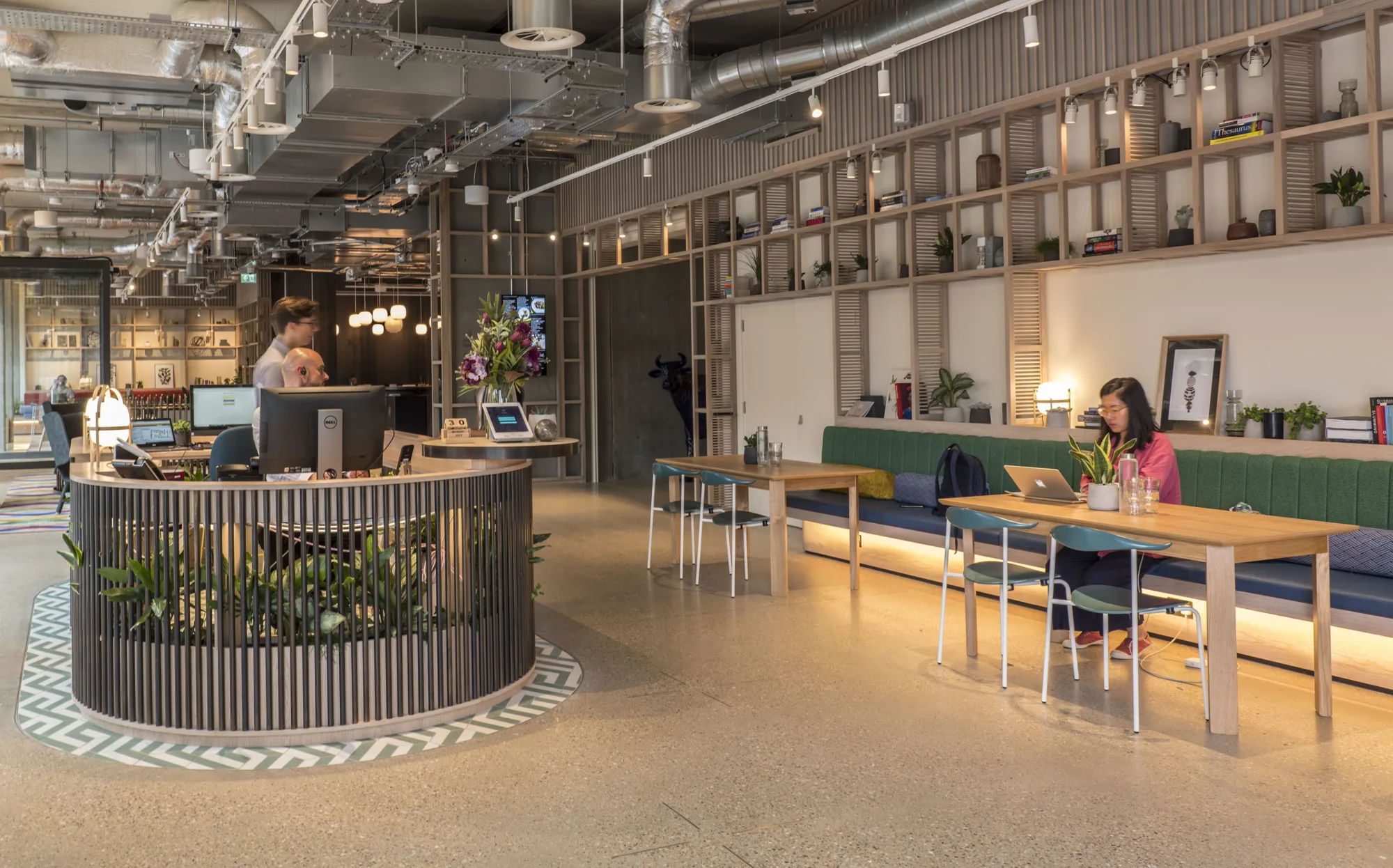 Brandon House (FORA Borough) reception hot desk area with planting and soft furnishings