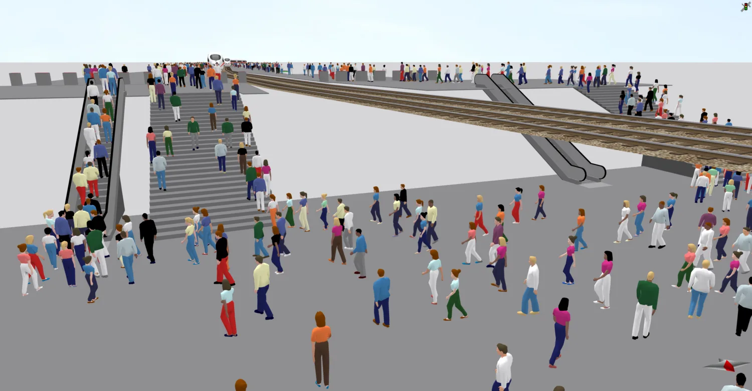 Pedestrian modelling up close of a walk way with stairs and an escalator