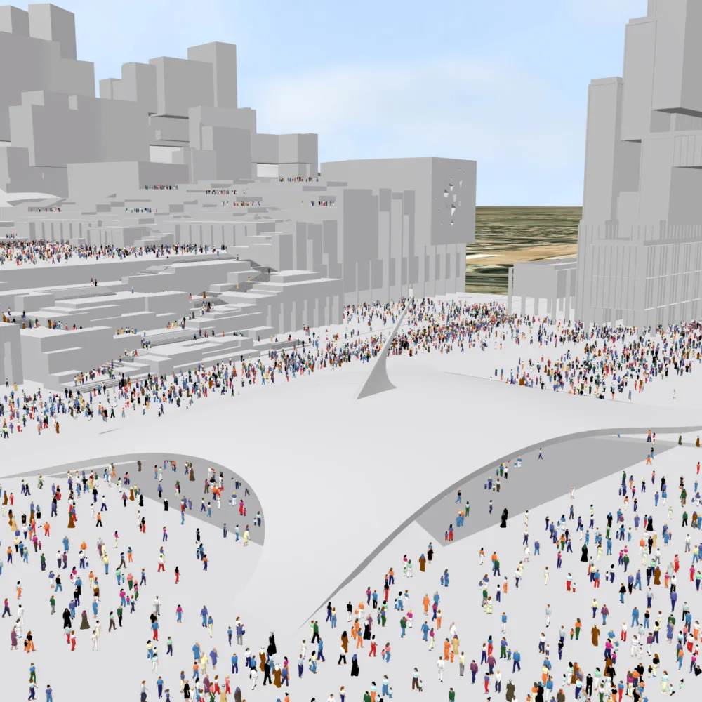 Pedestrian modelling of a city centre with buildings and streets