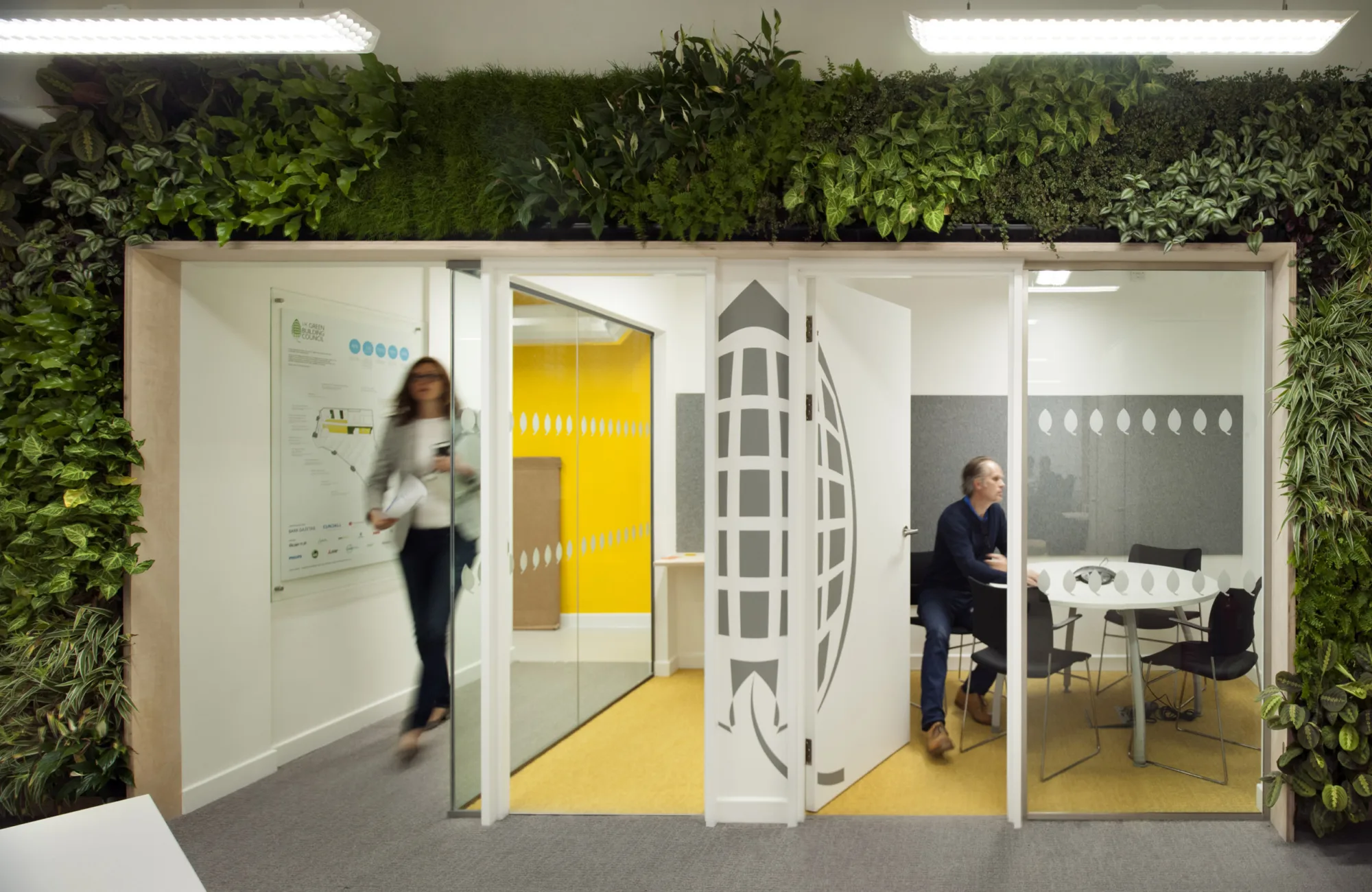 UKGBC office interior with living wall around meeting room area