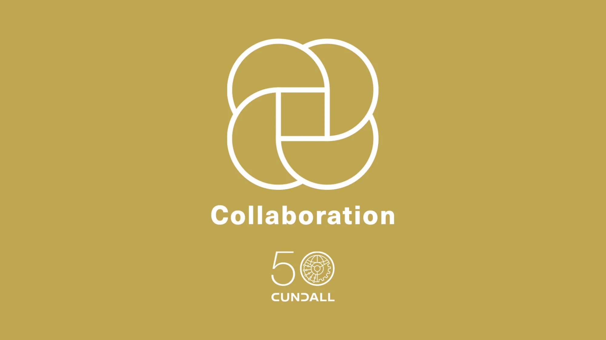 White geometric integrity symbol above the word “Collaboration” with Cundall 50th anniversary logo on a gold background.