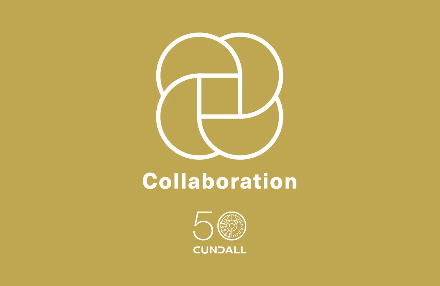 White geometric integrity symbol above the word “Collaboration” with Cundall 50th anniversary logo on a gold background.
