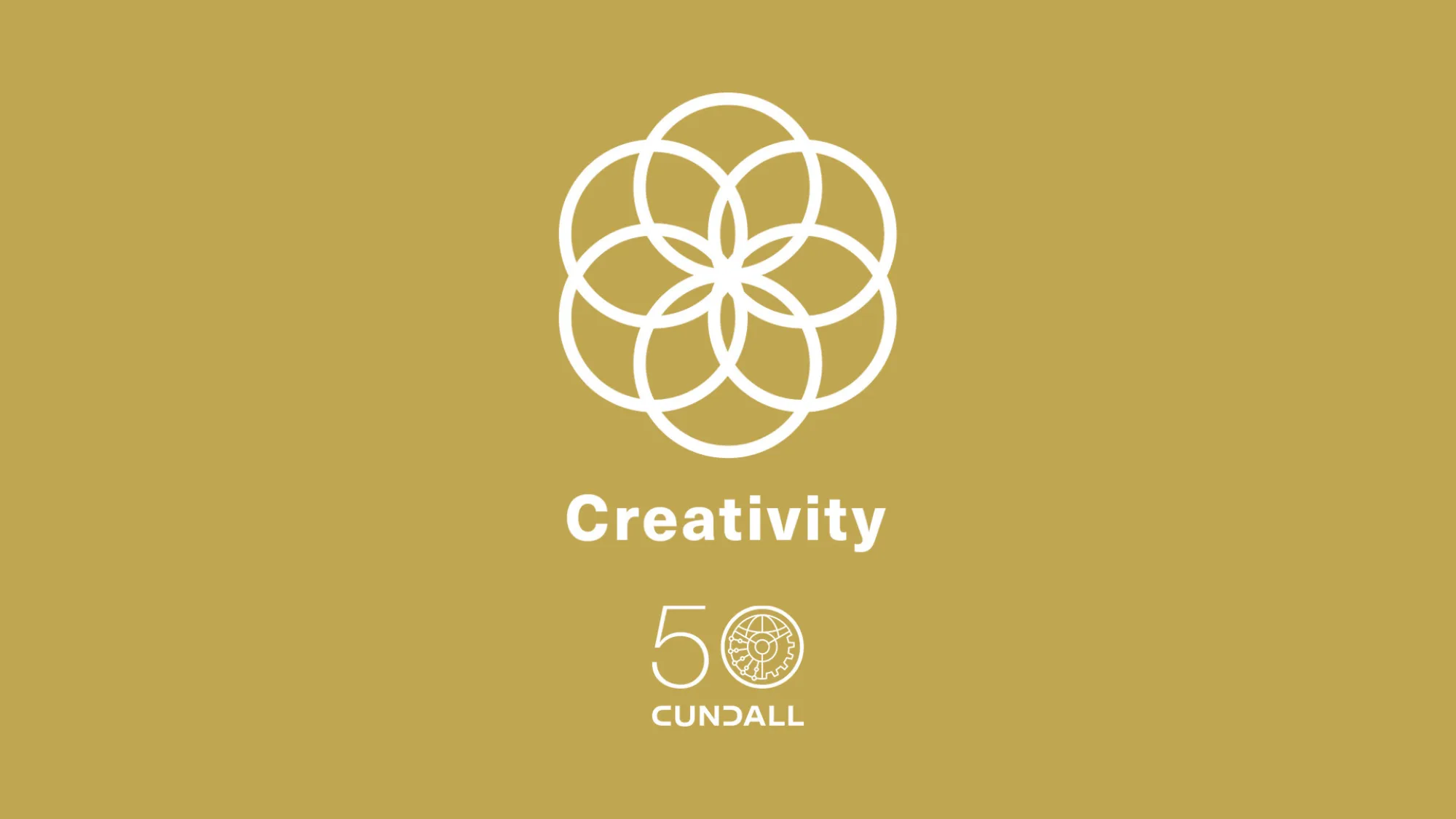 White geometric integrity symbol above the word “creativity” with Cundall 50th anniversary logo on a gold background.