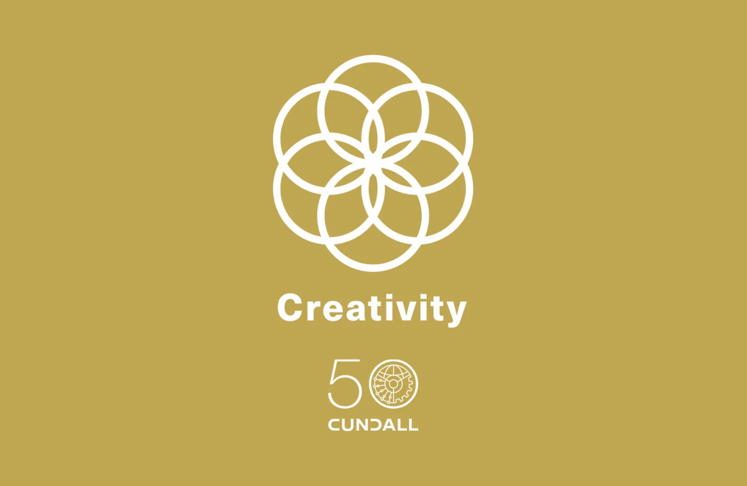 White geometric integrity symbol above the word “creativity” with Cundall 50th anniversary logo on a gold background.