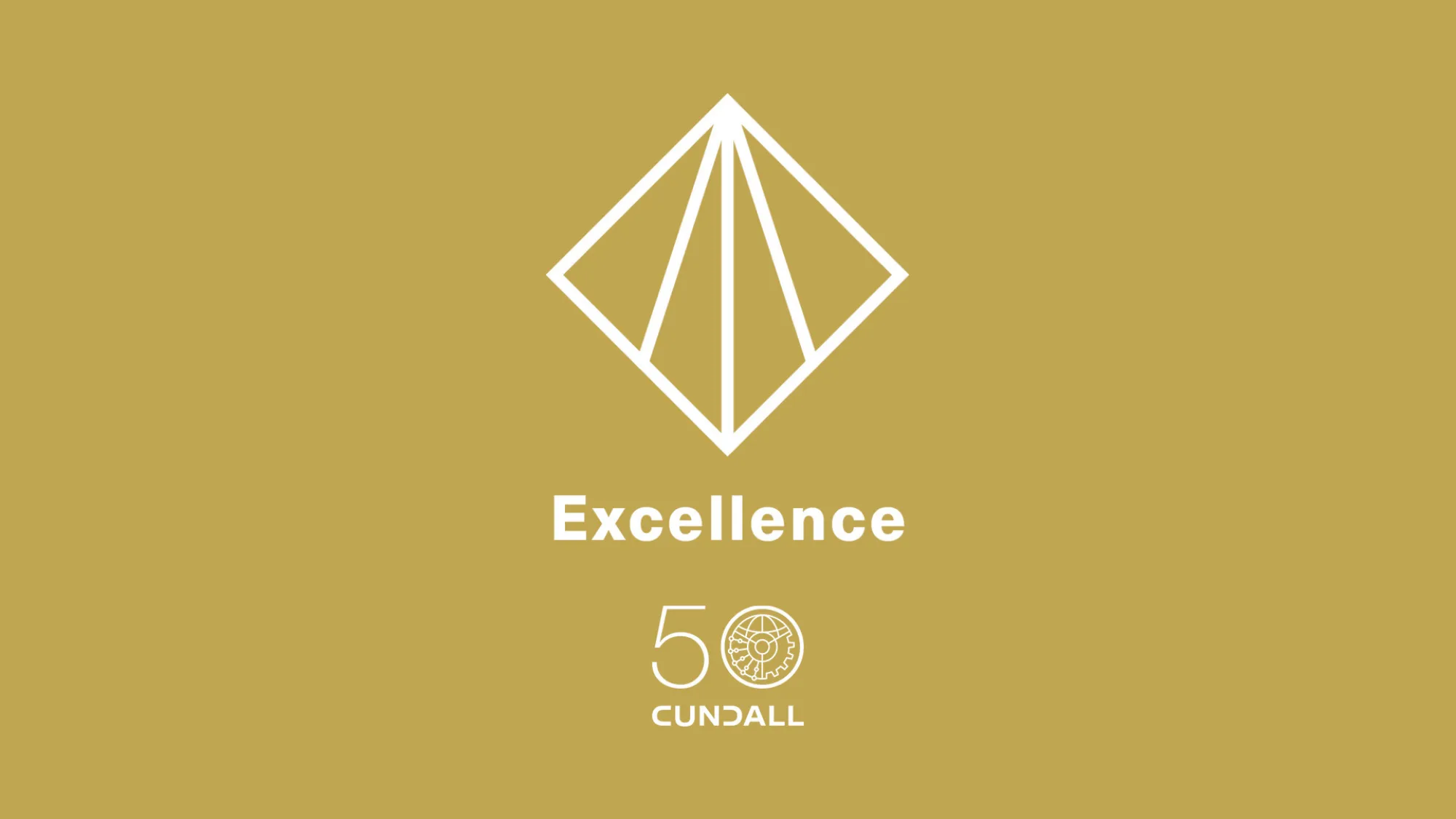White geometric integrity symbol above the word “Excellence” with Cundall 50th anniversary logo on a gold background.