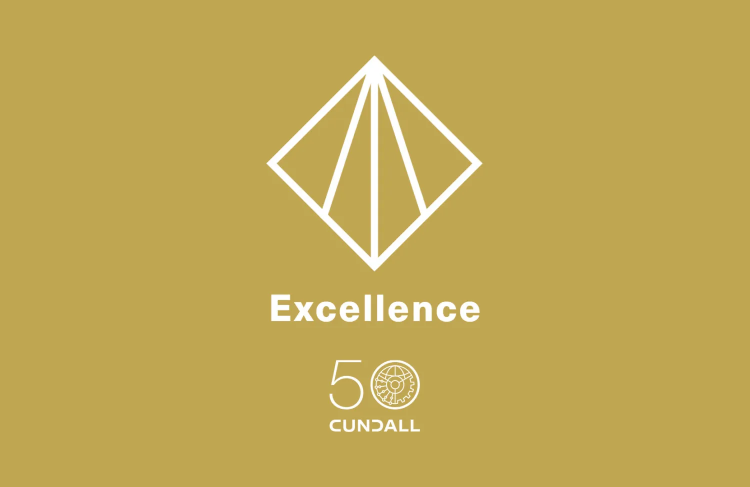 White geometric integrity symbol above the word “Excellence” with Cundall 50th anniversary logo on a gold background.