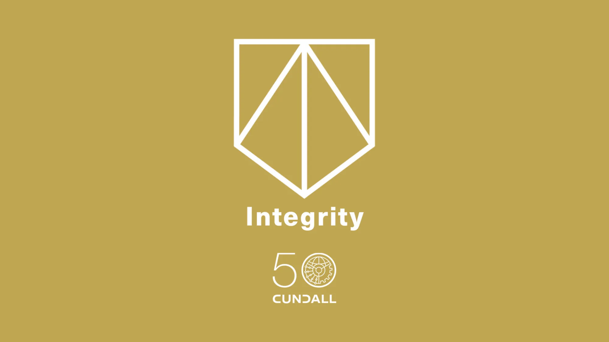 White geometric integrity symbol above the word “Integrity” with Cundall 50th anniversary logo on a gold background.