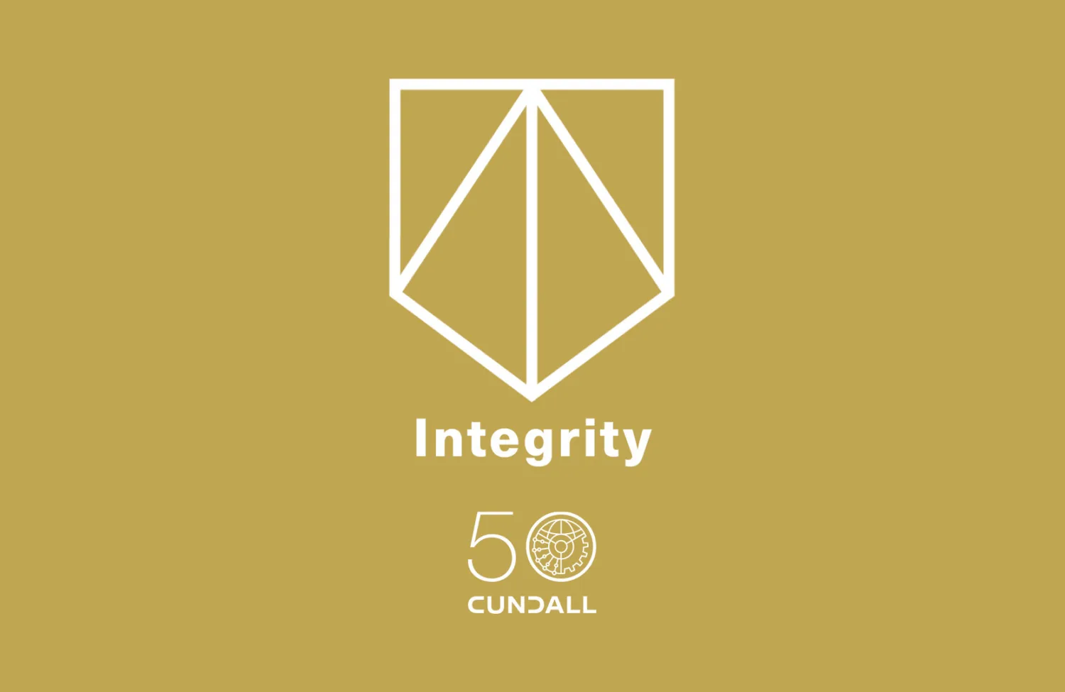White geometric integrity symbol above the word “Integrity” with Cundall 50th anniversary logo on a gold background.