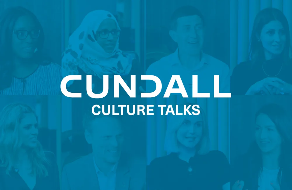 Collage of the Culture Talks campaign speakers with Cundall blue overlay and the Cundall logo.